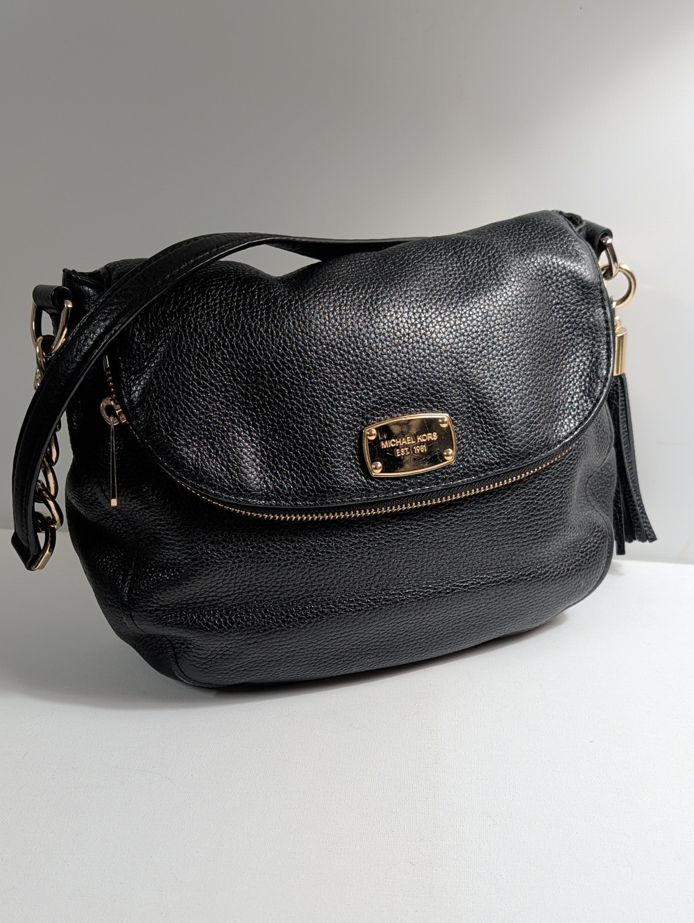 Michael Kors Black Pebbled Leather Bedford Tassel Shoulder Bag
